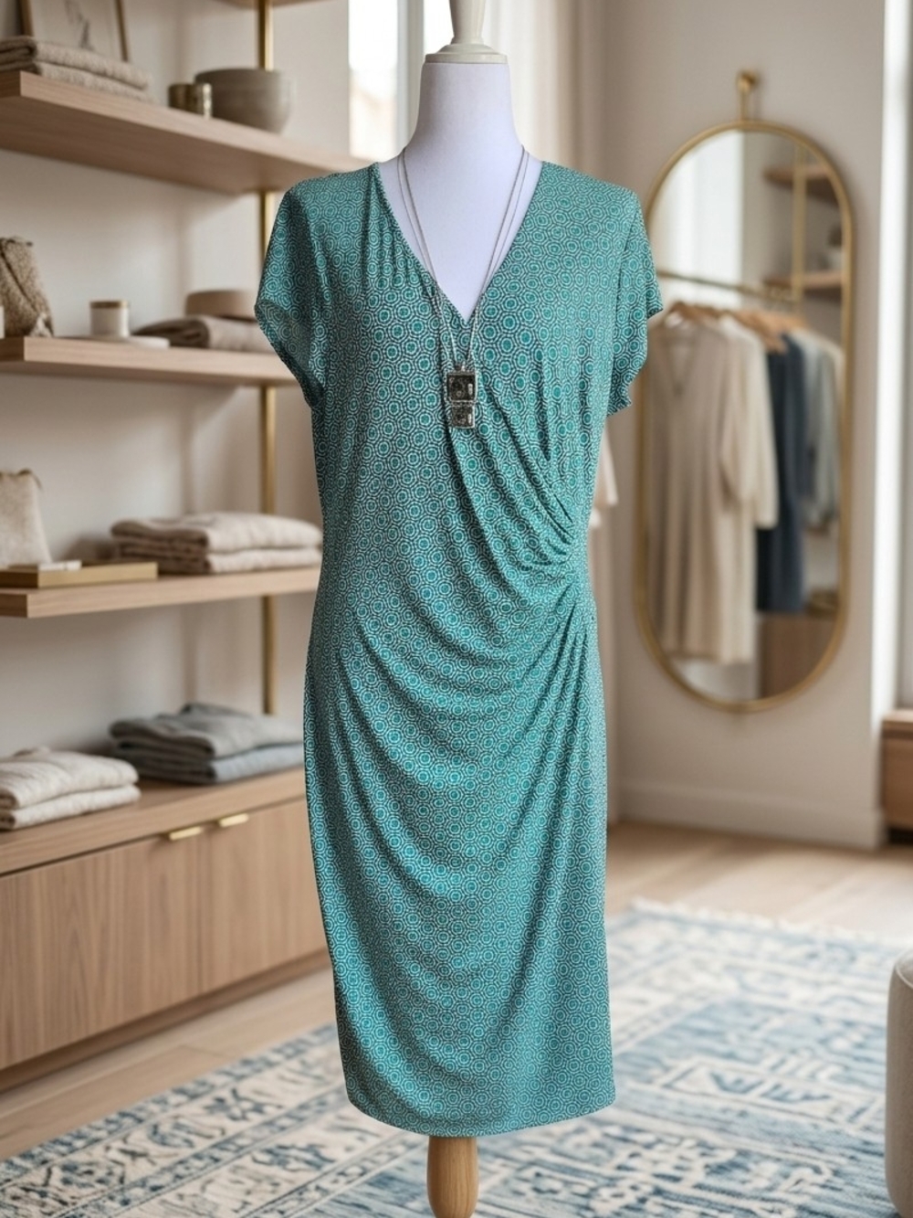 Laundry by Design Geometric Print Faux Wrap Ruched Dress Green Teal